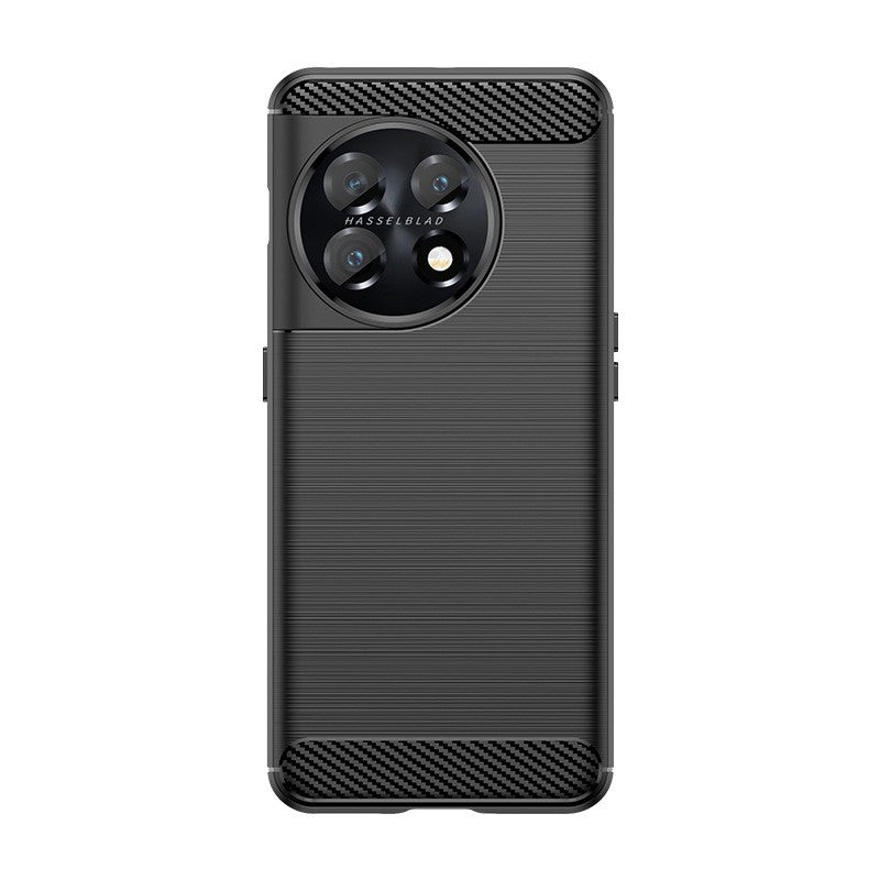 Husă silicon TPU OnePlus 11 cu textură periată și element carbon negru, vedere frontală