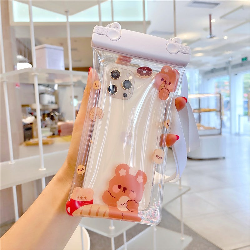 Husa subacvatica Fruity Waterproof Flippy, Snowproof, Universala, Impermeabila, cu Snur, pentru telefon sau documente, Pan Bear, Alb-Transparent - vivimall.ro