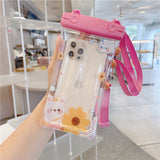 Husa subacvatica Fruity Waterproof Flippy, Snowproof, Universala, Impermeabila, cu Snur, pentru telefon sau documente, Flower Bear, Roz - vivimall.ro