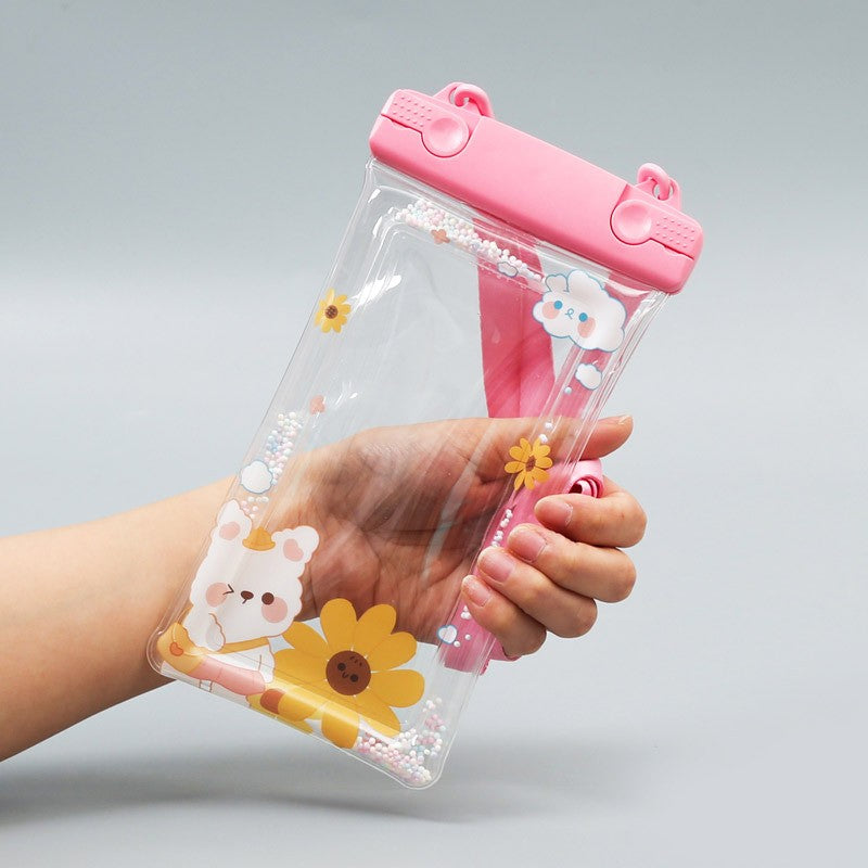 Husa subacvatica Fruity Waterproof Flippy, Snowproof, Universala, Impermeabila, cu Snur, pentru telefon sau documente, Flower Bear, Roz - vivimall.ro