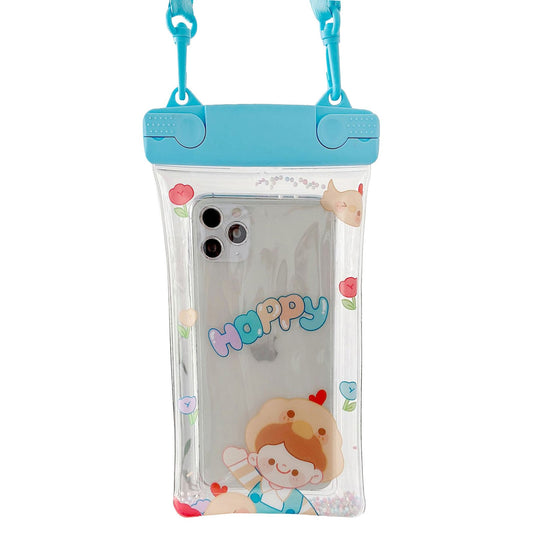 Husa subacvatica Fruity Waterproof Vivimall, Snowproof, Universala, Impermeabila, cu Snur, pentru telefon sau documente, Happy Boy, Bleu - vivimall.ro