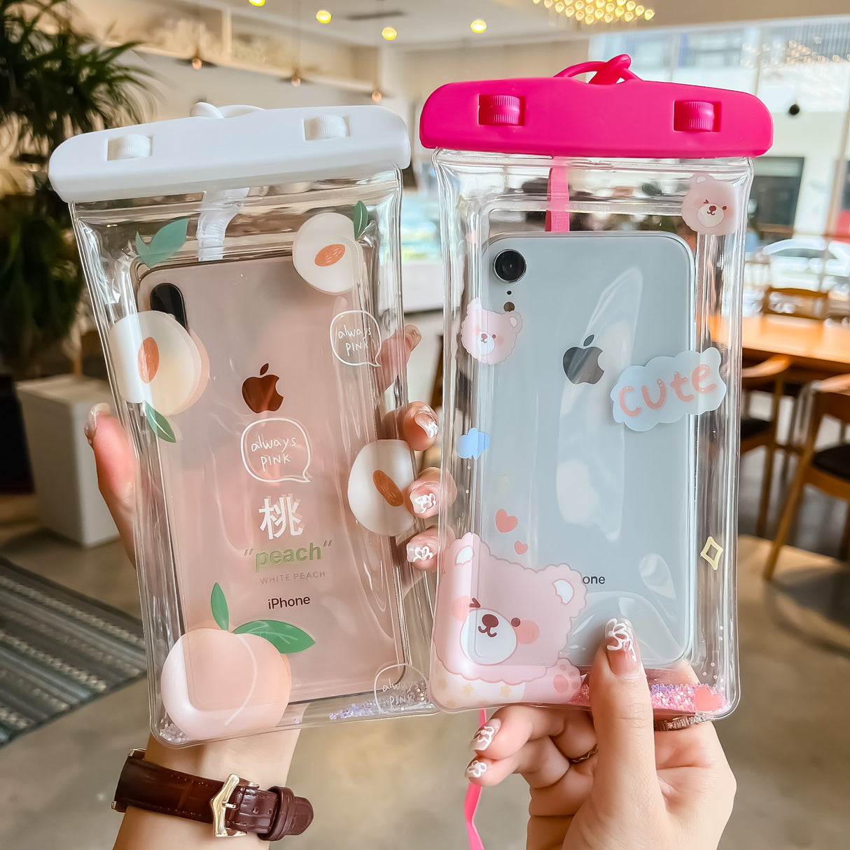 Husa subacvatica Glitter Kids Waterproof Flippy, Snowproof, Universala, cu Snur, pentru telefon sau documente, Peach, Alb - vivimall.ro