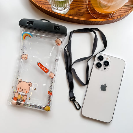 Husa subacvatica Glitter Kids Waterproof Flippy, Snowproof, Universala, cu Snur, pentru telefon sau documente, Lucky Bear, Negru - vivimall.ro