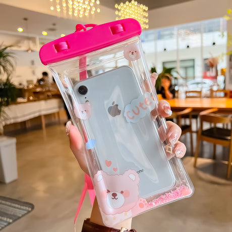 Husa subacvatica Glitter Kids Waterproof Flippy, Snowproof, Universala, cu Snur, pentru telefon sau documente, Cute Bear, Roz - vivimall.ro
