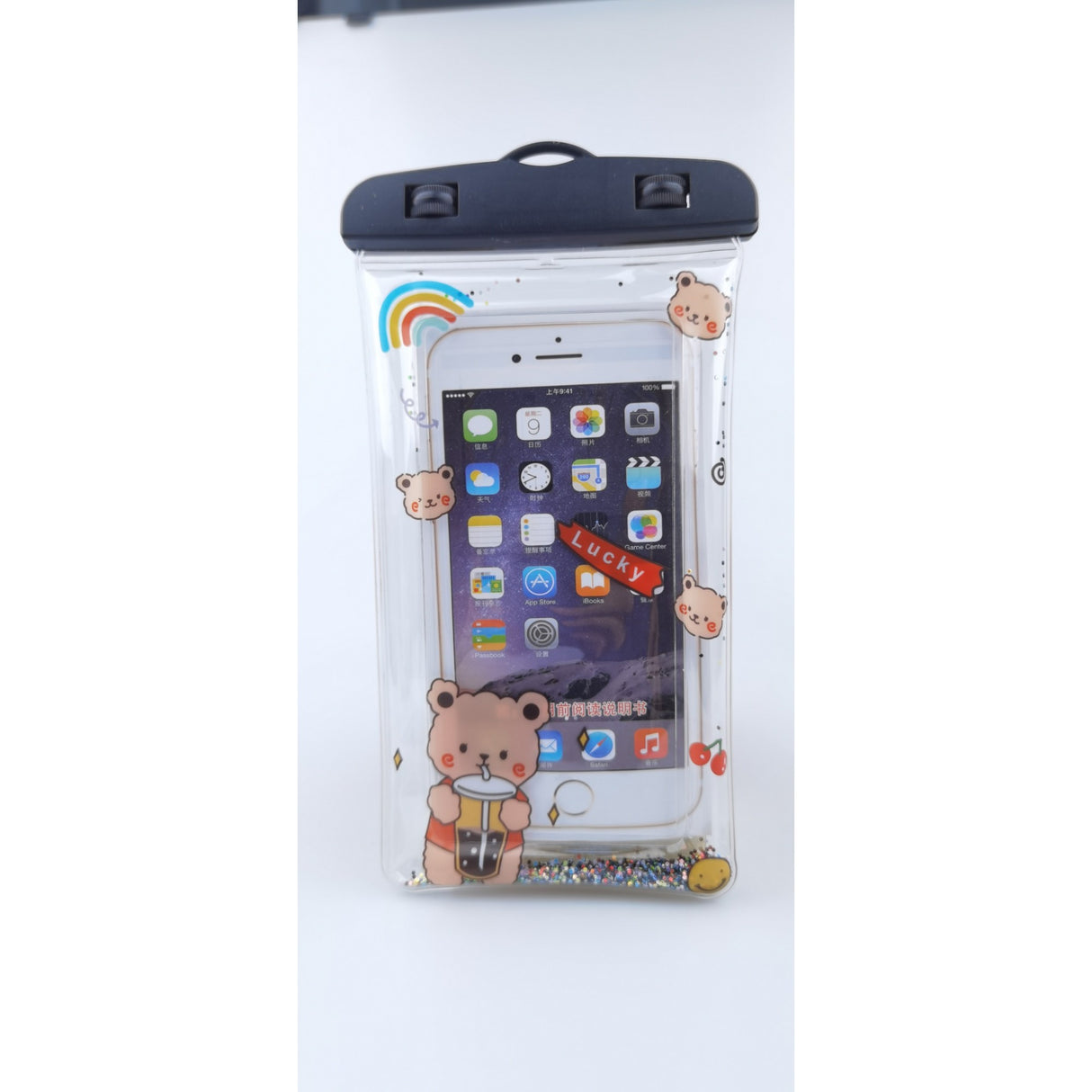 Husa subacvatica Glitter Kids Waterproof Flippy, Snowproof, Universala, cu Snur, pentru telefon sau documente, Lucky Bear, Negru - vivimall.ro