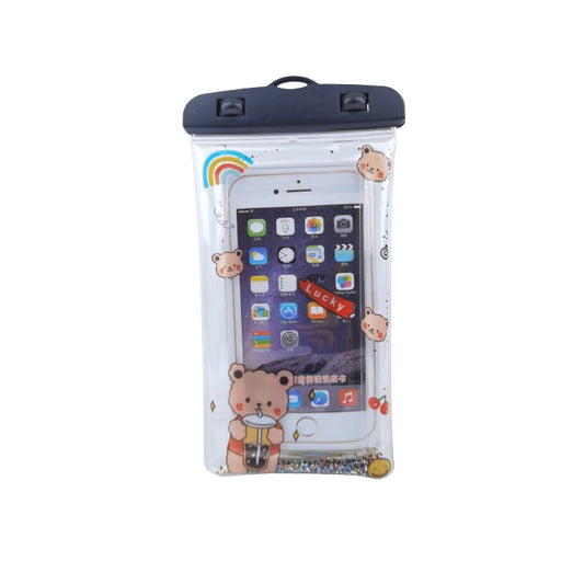Husa subacvatica Glitter Kids Waterproof Vivimall, Snowproof, Universala, cu Snur, pentru telefon sau documente, Lucky Bear, Negru - vivimall.ro