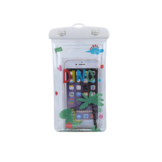 Husa subacvatica Glitter Kids Waterproof Vivimall, Snowproof, Universala, cu Snur, pentru telefon sau documente, Dino, Alb - vivimall.ro
