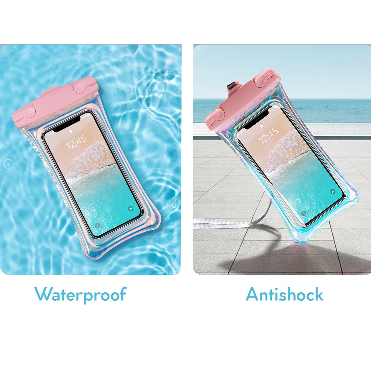 Husa subacvatica Holografica Waterproof Flippy, Snowproof, Universala, Impermeabila, cu Snur, pentru telefon sau documente, Roz - vivimall.ro