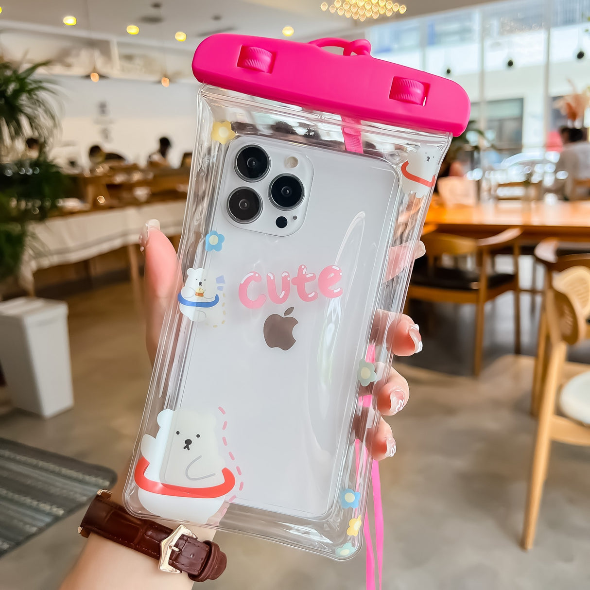 Husa subacvatica Kids Waterproof Flippy, Snowproof, Universala, cu Snur, pentru telefon sau documente, Bears, Roz - vivimall.ro