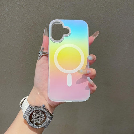Husă iPhone 17 Cameleon Vivimall, detaliu efect gradient laser din unghi lateral stânga