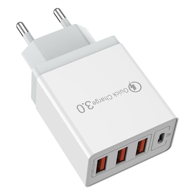 Încărcător Fast Charge 32W Vivimall cu 4 porturi USB-A și USB-C, design alb, vedere frontală