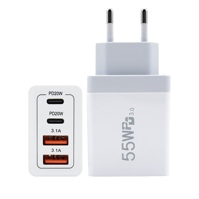 Încărcător Fast Charge 55W Vivimall cu 2 porturi USB-A și 2 porturi USB-C, vedere frontală, culoare albă