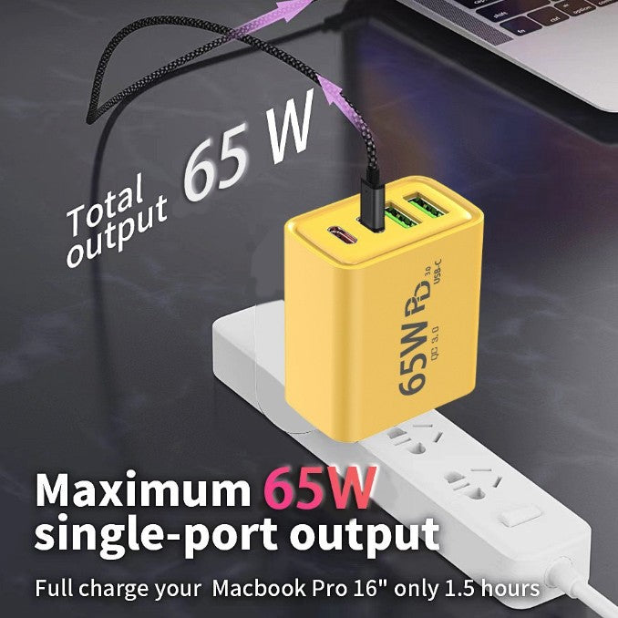 Incarcator Fast Charge pentru Telefon 65W, Vivimall, Incarcator Quick Charge cu 2 Porturi USB-A 3.1A & 2 Porturi USB-C, Power Delivery 65W, Cap Standard European, Galben - vivimall.ro
