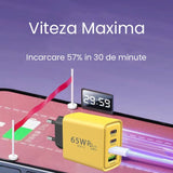 Incarcator Fast Charge pentru Telefon 65W, Vivimall, Incarcator Quick Charge cu 2 Porturi USB-A 3.1A & 2 Porturi USB-C, Power Delivery 65W, Cap Standard European, Galben - vivimall.ro