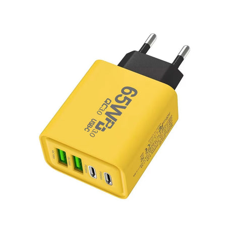 Încărcător Fast Charge 65W galben cu 4 porturi USB-A și USB-C, vedere frontală