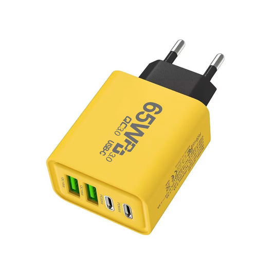 Incarcator Fast Charge pentru Telefon 65W, Vivimall, Incarcator Quick Charge cu 2 Porturi USB-A 3.1A & 2 Porturi USB-C, Power Delivery 65W, Cap Standard European, Galben - vivimall.ro