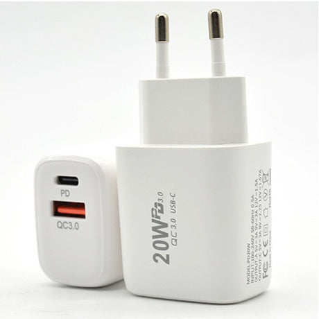Încărcător fast charging Vivimall dual port USB-A și USB-C, Power Delivery 20W, culoare alb, vedere frontală