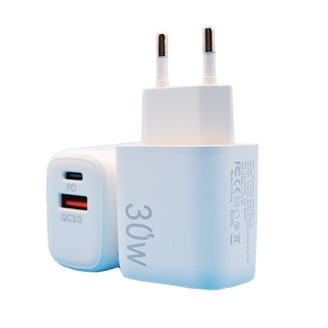 Incarcator Fast Charging pentru Telefon, Vivimall, Dual Port USB-A si USB-C cu Cap de Incarcare Standard European, 30W Q.C 3.0, Alb - vivimall.ro