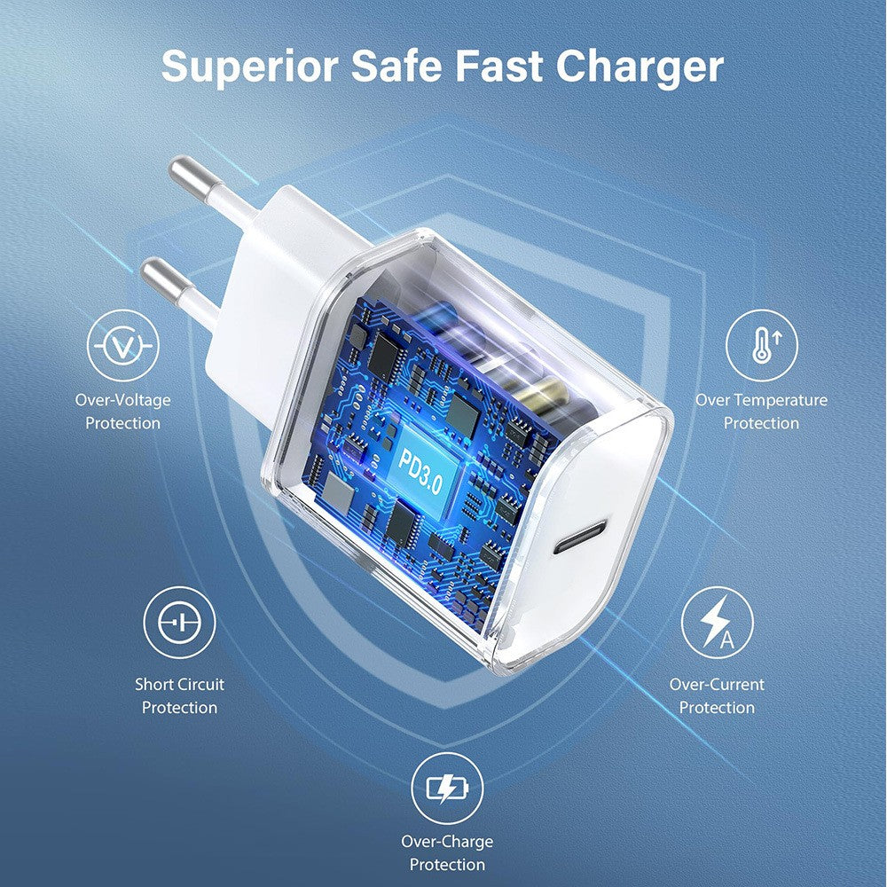 Incarcator Retea Fast Charge, Vivimall, Incarcator Standard European Power Delivery 20 W, Compatibil cu iPhone 8-14, Alb - vivimall.ro