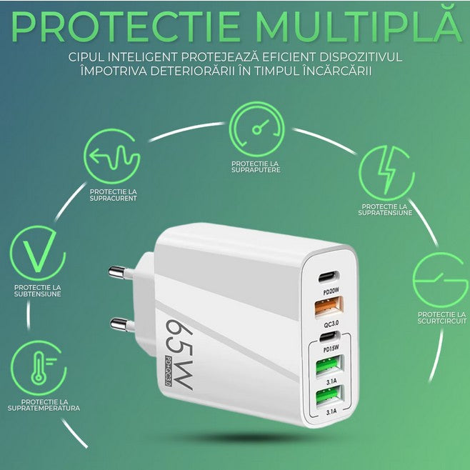 Detaliu certificare 3C și inscripție 65W Fast Charge pe carcasa albă a încărcătorului