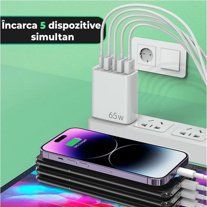 Încărcător rețea 65W multiport alb alături de smartphone Xiaomi și Huawei în încărcare