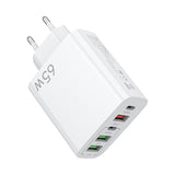 Încărcător rețea 5 porturi 65W Fast Charge, 3x USB și 2x Type-C, culoare albă, vedere frontală