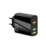 Încărcător rețea 5 porturi 65W negru, vedere frontală, 3x USB și 2x Type-C