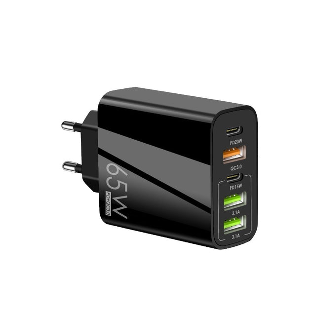 Încărcător rețea 5 porturi 65W negru, vedere frontală, 3x USB și 2x Type-C