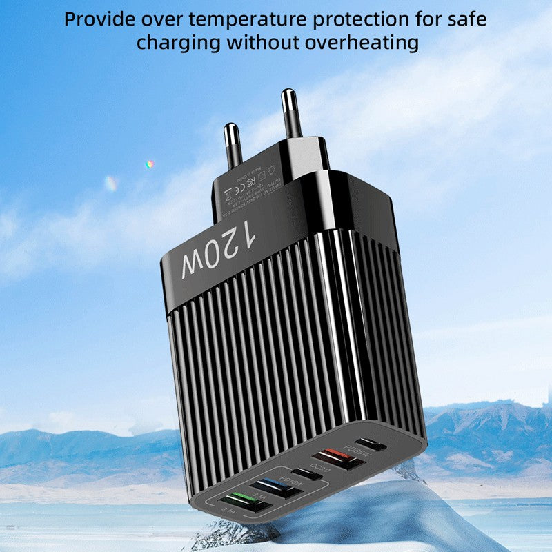 Detaliu porturi încărcător 120W Power Delivery — 3 USB-A și 2 Type-C, design compact negru