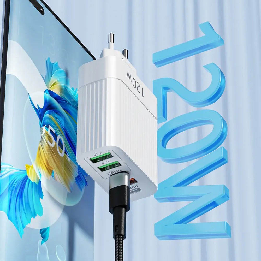 Vedere laterală încărcător 120W Power Delivery cu 5 porturi USB, dimensiuni compacte