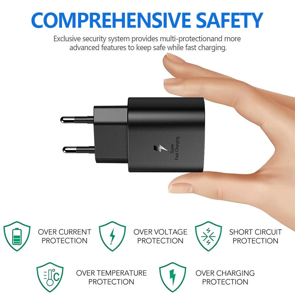 Încărcător fast charge negru cu priză europeană, design compact pentru călătorii