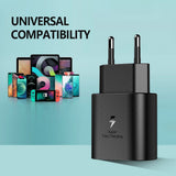 Încărcător rapid USB-C negru alături de smartphone, demonstrație compatibilitate