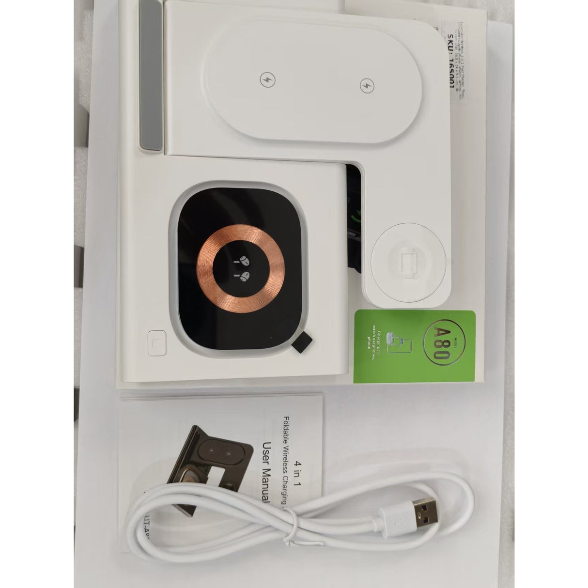 Încărcător wireless 3 în 1 Vivimall 16,5x14x9,5 cm pe birou, design minimalist alb
