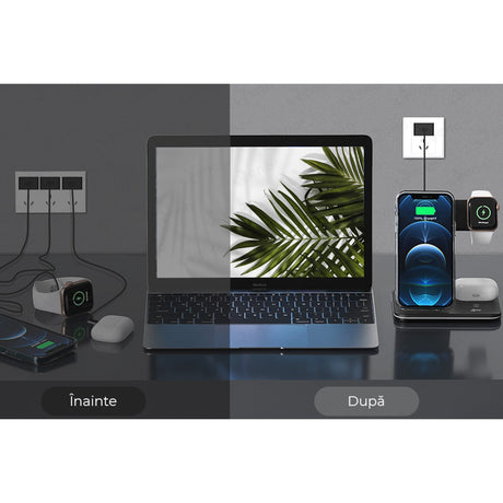 Incarcator Wireless Flippy, Statie Incarcare 3 In 1 Qi Fast Charger 15W, Incarcare Rapida, Compatibil Cu Apple Watch Toate Seriile Airpods Toate Modele si Iphone Android Samsung Huawei Xiaomi, Quick Charge, Negru - vivimall.ro