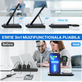 Incarcator Wireless Flippy, Statie Incarcare 3 In 1 Qi Fast Charger 15W, Incarcare Rapida, Compatibil Cu Apple Watch Toate Seriile Airpods Toate Modele si Iphone Android Samsung Huawei Xiaomi, Quick Charge, Negru - vivimall.ro