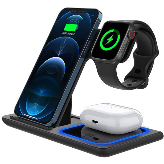 Incarcator Wireless Vivimall, Statie Incarcare 3 In 1 Qi Fast Charger 15W, Incarcare Rapida, Compatibil Cu Apple Watch Toate Seriile Airpods Toate Modele si Iphone Android Samsung Huawei Xiaomi, Quick Charge, Negru - vivimall.ro