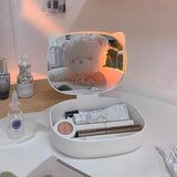 Cutie cu Oglinda, Model Pisica, Flippy, 4 Compartimente, Cutie de Depozitare a Machiajelor si Accesoriilor, Oglinda de Machiaj, 17x13x6cm, Alb