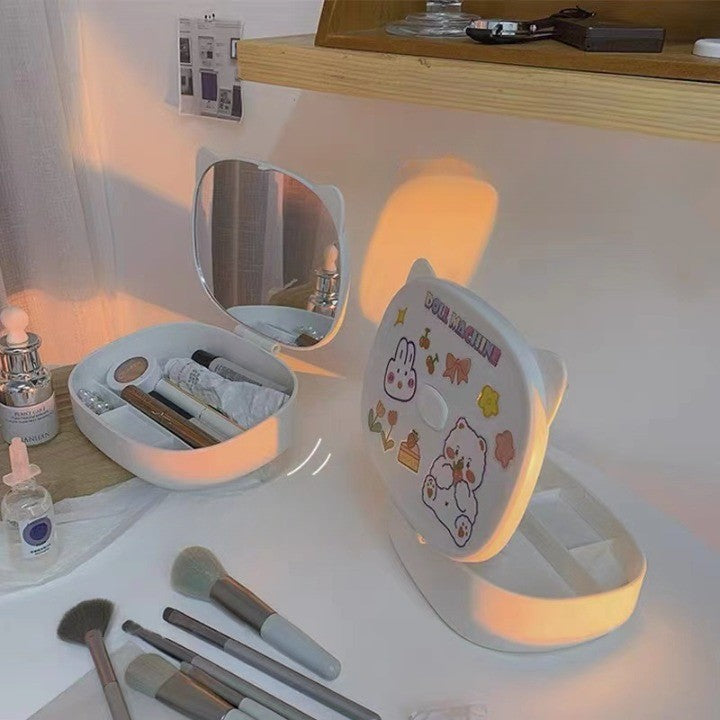 Cutie cu Oglinda, Model Pisica, Flippy, 4 Compartimente, Cutie de Depozitare a Machiajelor si Accesoriilor, Oglinda de Machiaj, 17x13x6cm, Alb