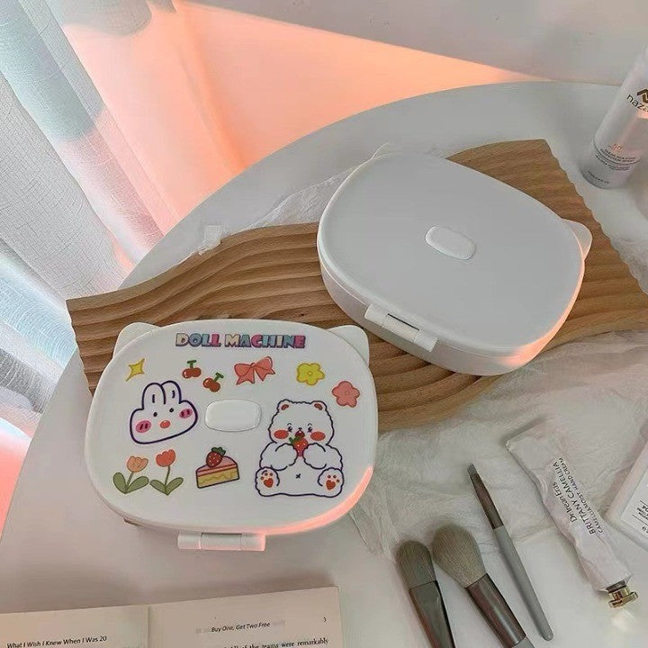 Cutie cu Oglinda, Model Pisica, Flippy, 4 Compartimente, Cutie de Depozitare a Machiajelor si Accesoriilor, Oglinda de Machiaj, 17x13x6cm, Alb