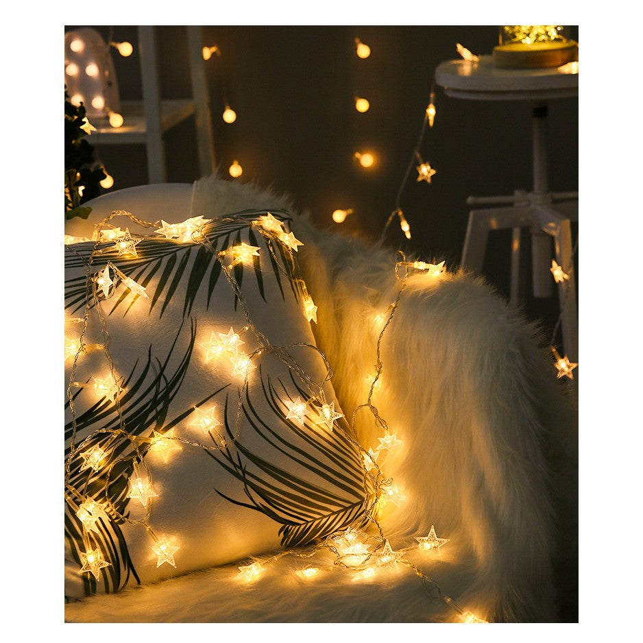 Karácsonyi installáció, 1,5 méter, 10 LED csillagdísszel, hosszú USB, rézhuzal, lineáris, beltéri/kültéri