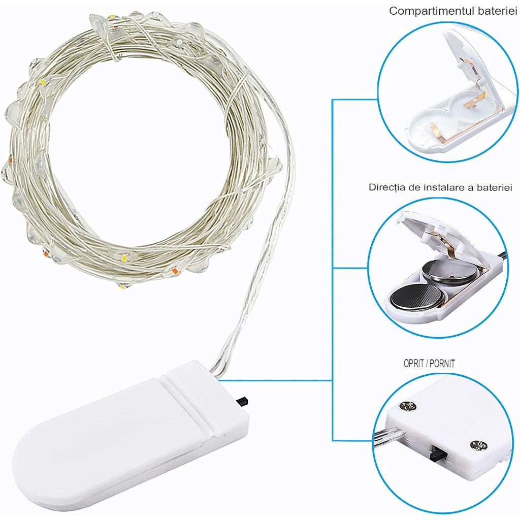 Karácsonyi installáció, 1 méter, 10 LED, elemekkel, cinkötvözet huzal, lineáris, beltéri/kültéri 