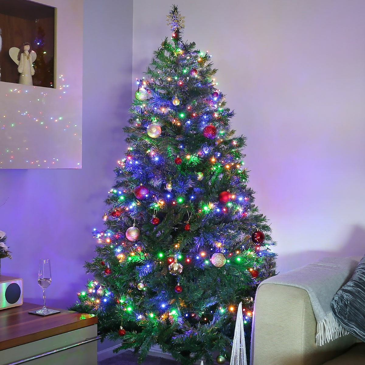 Karácsonyi installáció, 10 M, 100 LED, Lineáris, 8 fényeffektus, Transzformátor távirányítóval, Összekapcsolható, 5 M hosszabbító kábel mellékelve, Zöld vezeték 