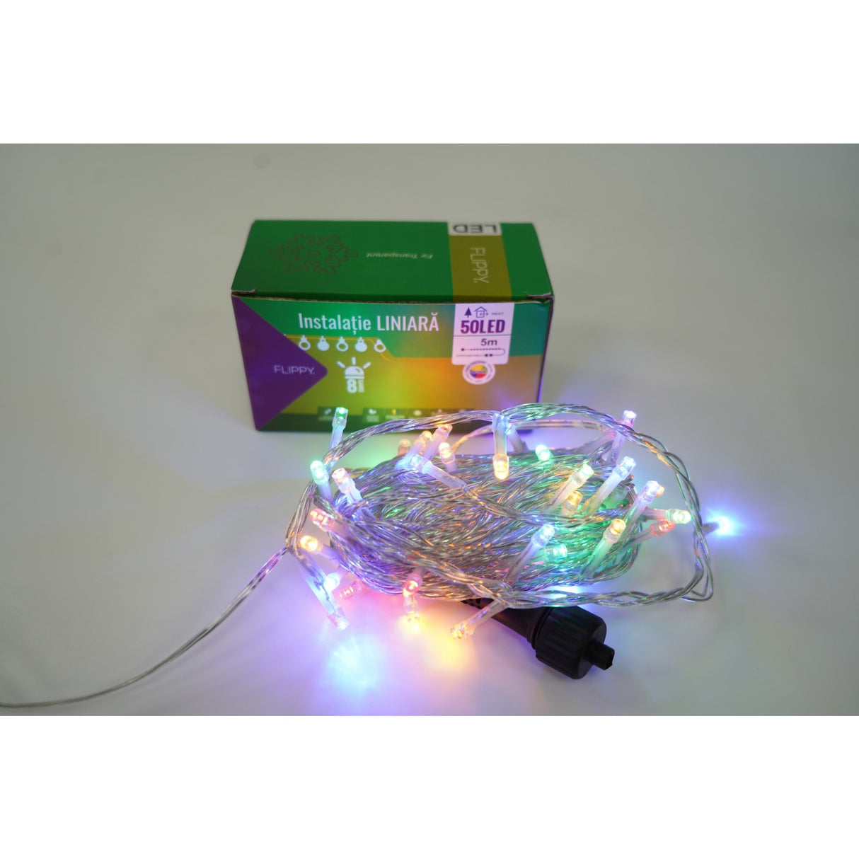 Karácsonyi installáció, 10 M, 100 LED, Lineáris, Többszínű, 8 Fényeffektus, Transzformátor, Összeköthető, 3 M Hosszabbítókábel mellékelve, Vezeték