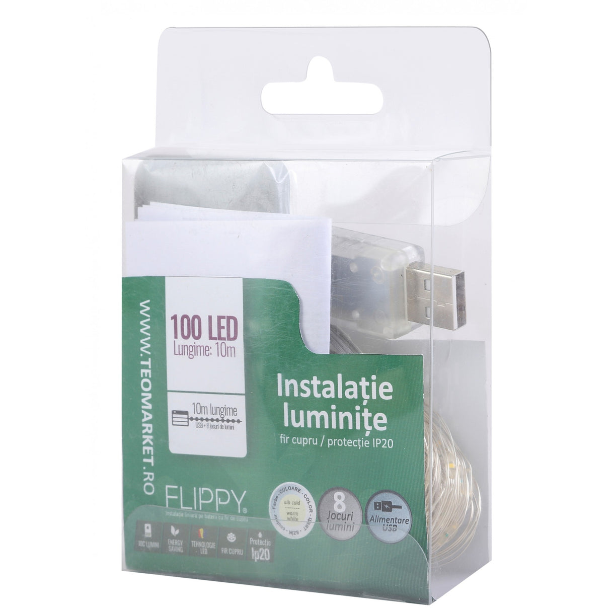 Instalatie Craciun, 10 Metri, 100 Led-Uri, Telecomanda 8 Functii, Usb, Fir Cupru, Liniar, Interior/Exterior