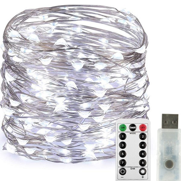 Instalatie Craciun, 10 metri, 100 LED-uri, USB, Telecomanda cu 8 functii, alb rece, Vivimall - vivimall.ro