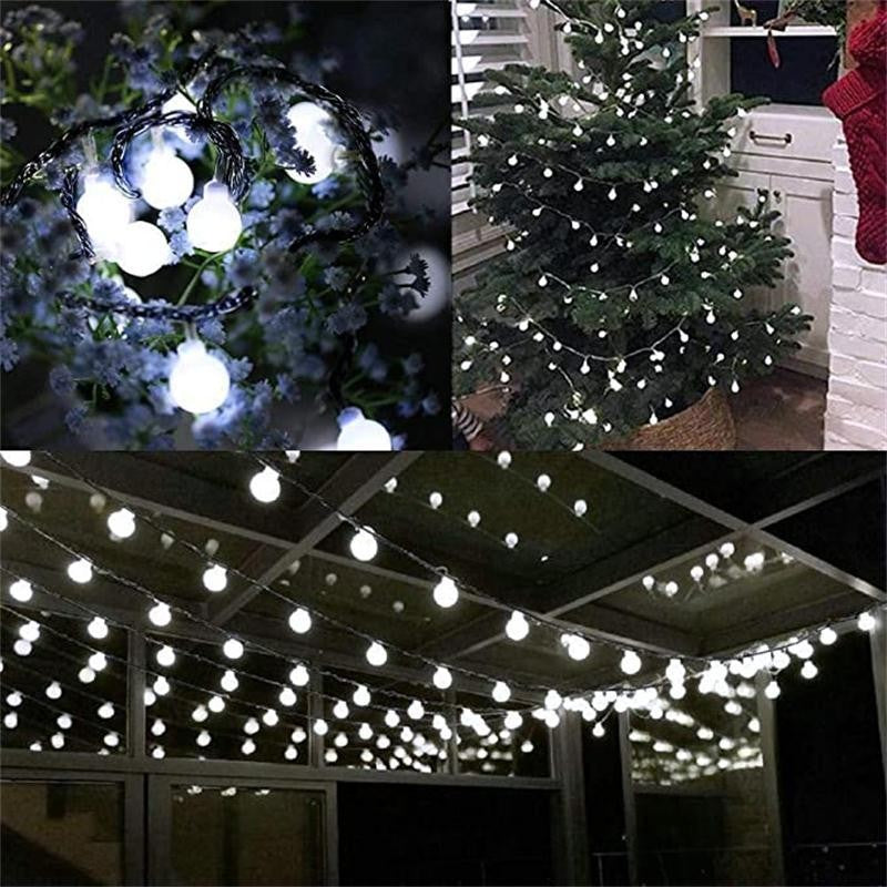 Instalatie Craciun, 12 metri, 100 de LED-uri cu ornament tip Bulb, 8 jocuri de lumini alb rece, cu energie solara, liniar, interior/exterior, Vivimall - vivimall.ro