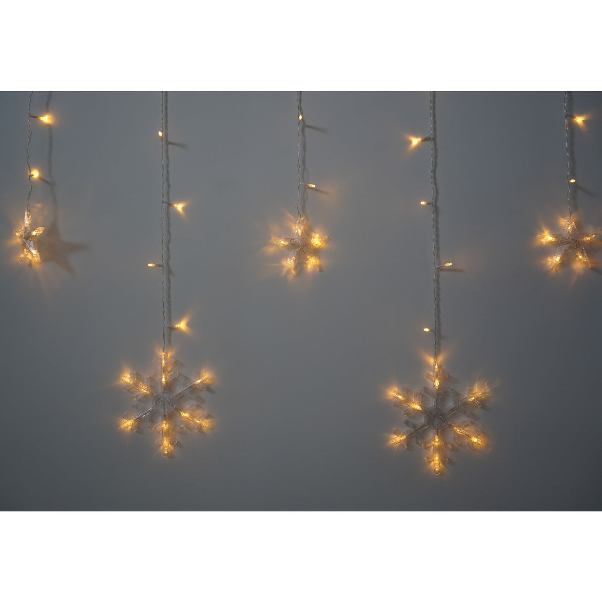 Karácsonyi installáció, 138 LED, függöny típusú, hópelyhekkel, -meleg, 2,5 m, beltéri/kültéri