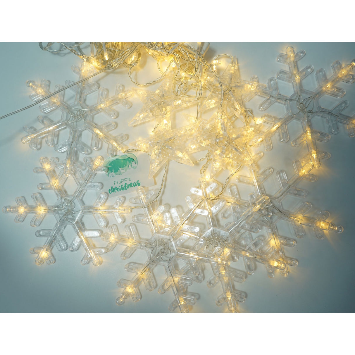 Karácsonyi installáció, 138 LED, függöny típusú, hópelyhekkel, -meleg, 2,5 m, beltéri/kültéri