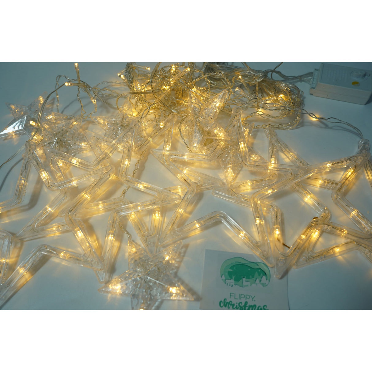 Karácsonyi installáció, 138 LED, függöny típusú, csillagokkal, -meleg, 2,5 m, beltéri/kültéri
