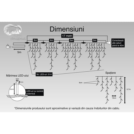 Instalatie Craciun, 17 m, 514 Led-uri ,Franjuri, Alb cald, Flash, Transformator, Interconectabila, Prelungitor 5 m inclus, Fir Negru, Vivimall - vivimall.ro
